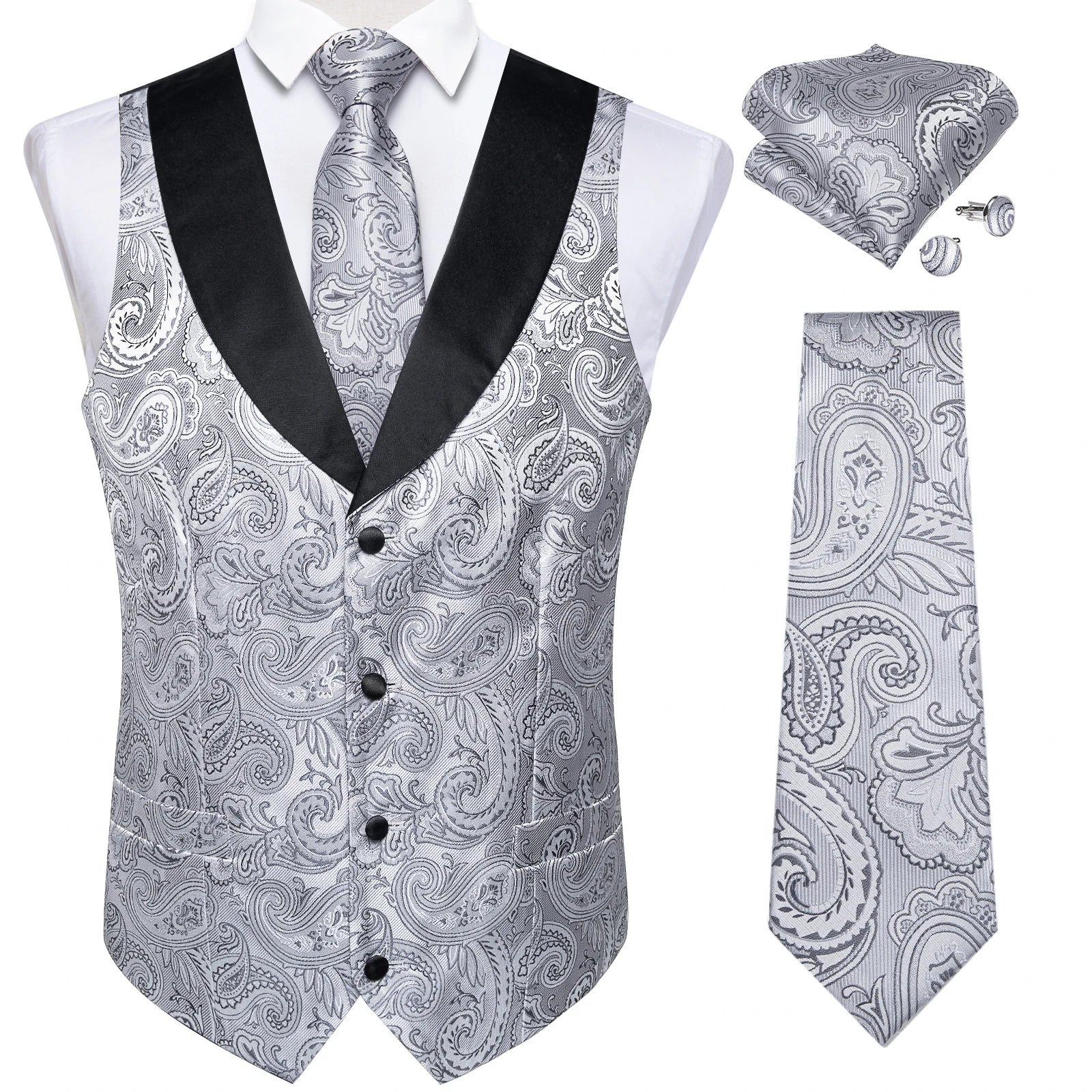 Men's Luxury Gray Paisley Suit Vest Set – Includes Necktie, Cufflinks & Handkerchief