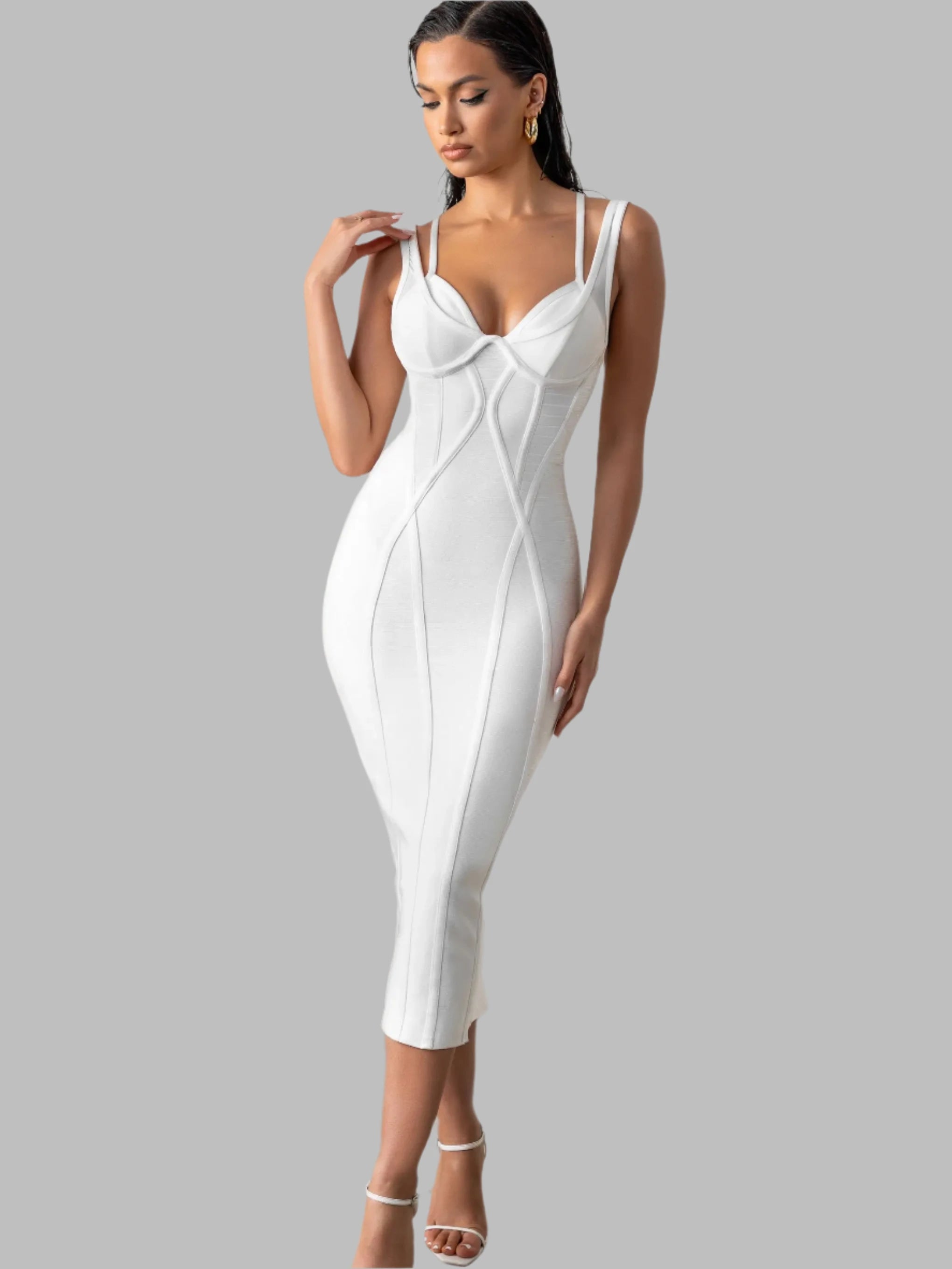 White Midi Bandage Dress - Double Straps Criss Cross Elegant Dress