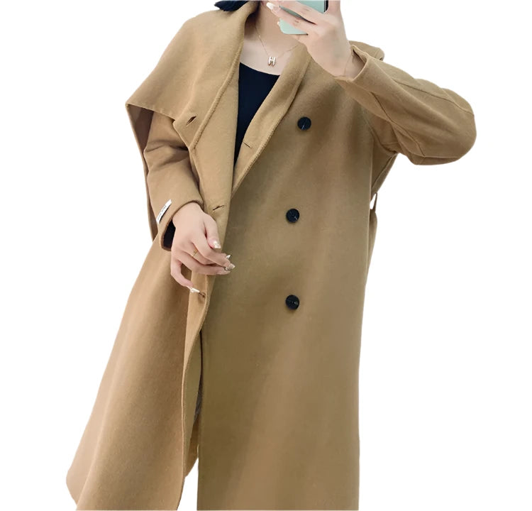 Double-Breasted Wool Coat - Women's Extended Shawl Scarf Collar