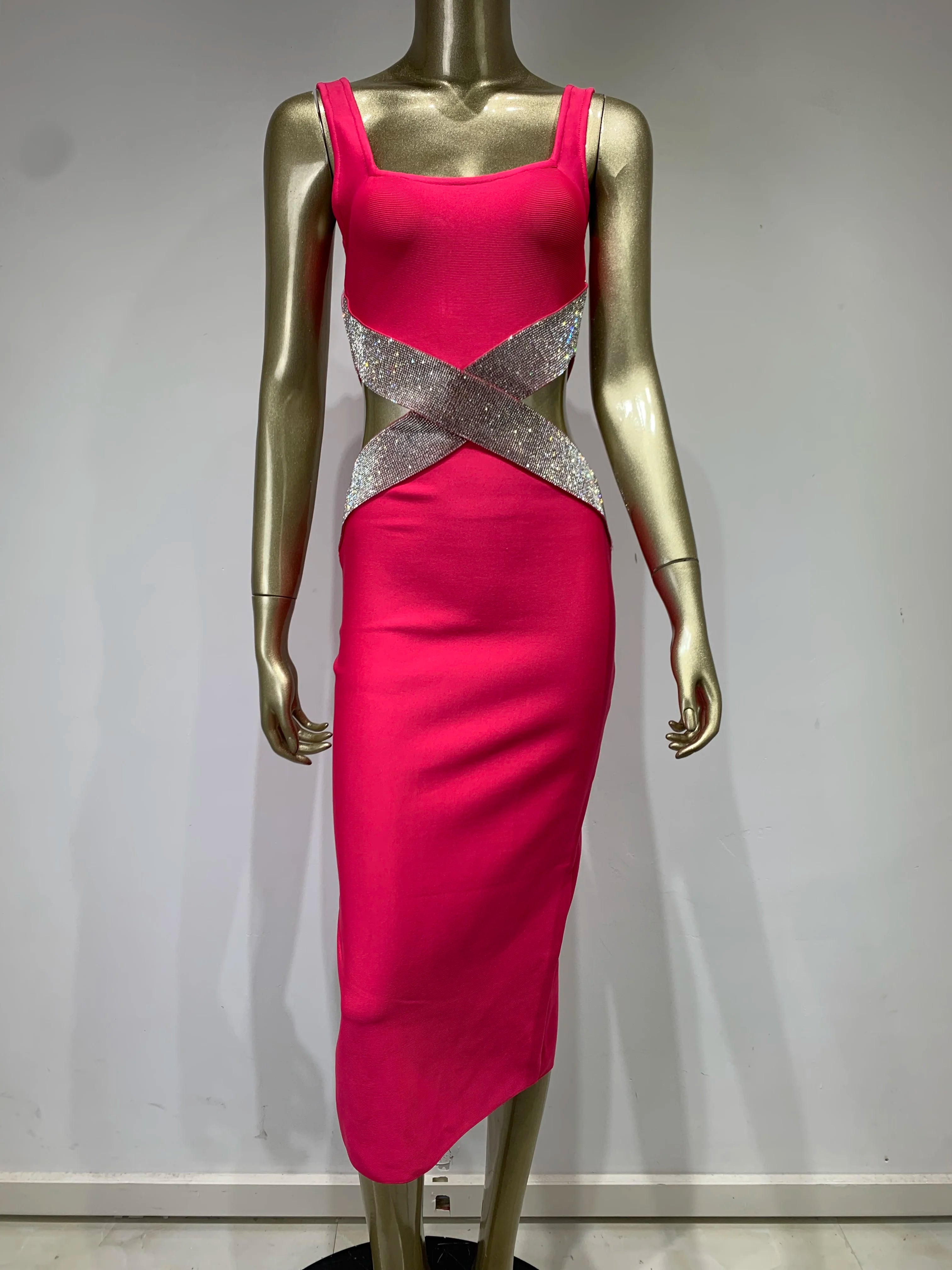 Sexy Backless V Neck Cutout Diamonds Black Hot Pink Midi Bandage party Dress