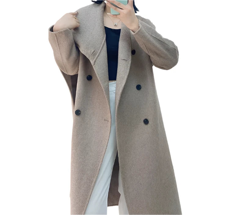 Double-Breasted Wool Coat - Women's Extended Shawl Scarf Collar