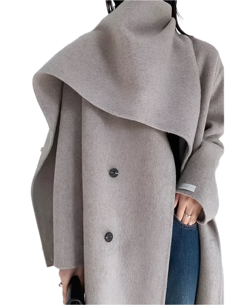 Double-Breasted Wool Coat - Women's Extended Shawl Scarf Collar