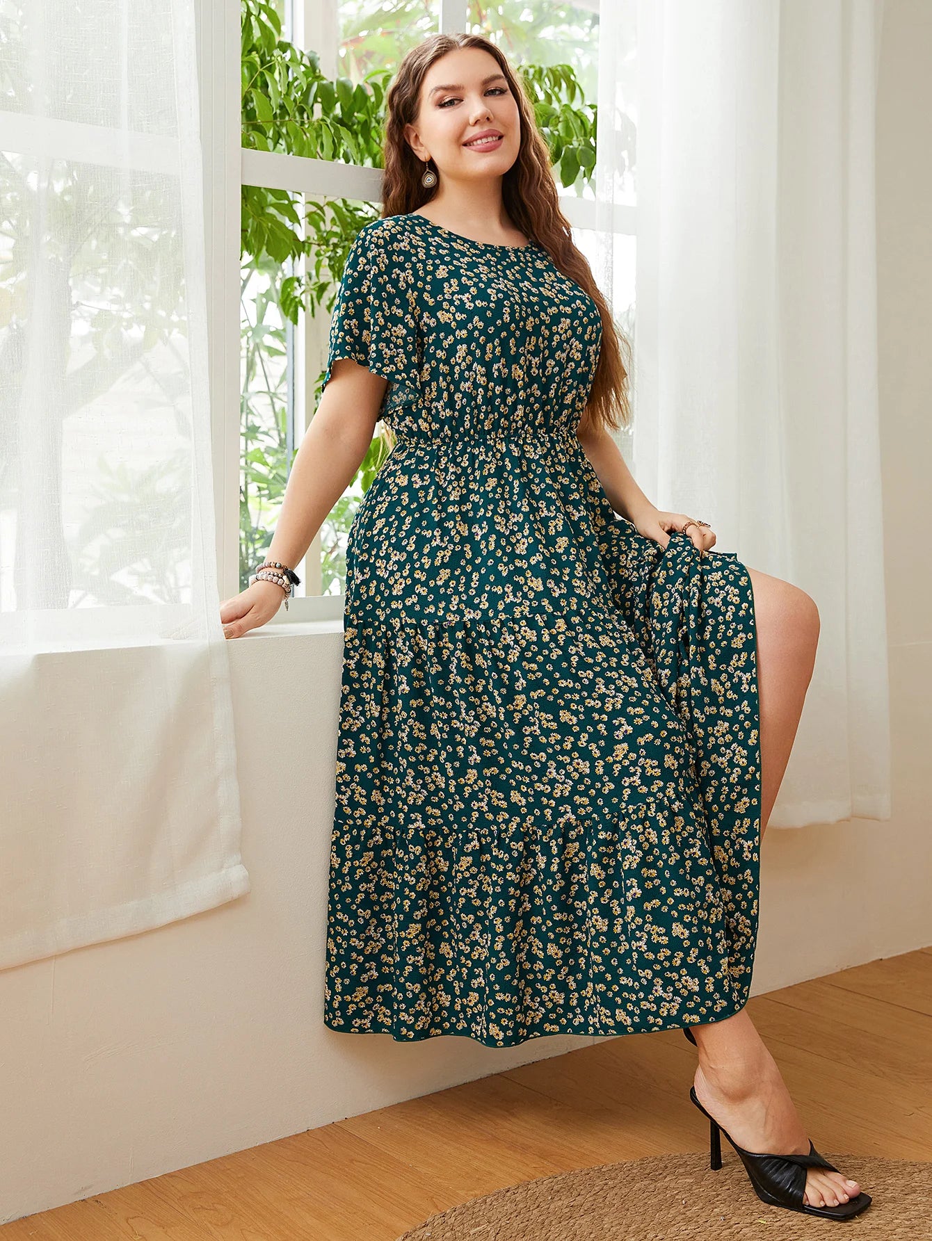 Trendy Big Size Women's Clothing Dress Summer O-Neck Floral Print