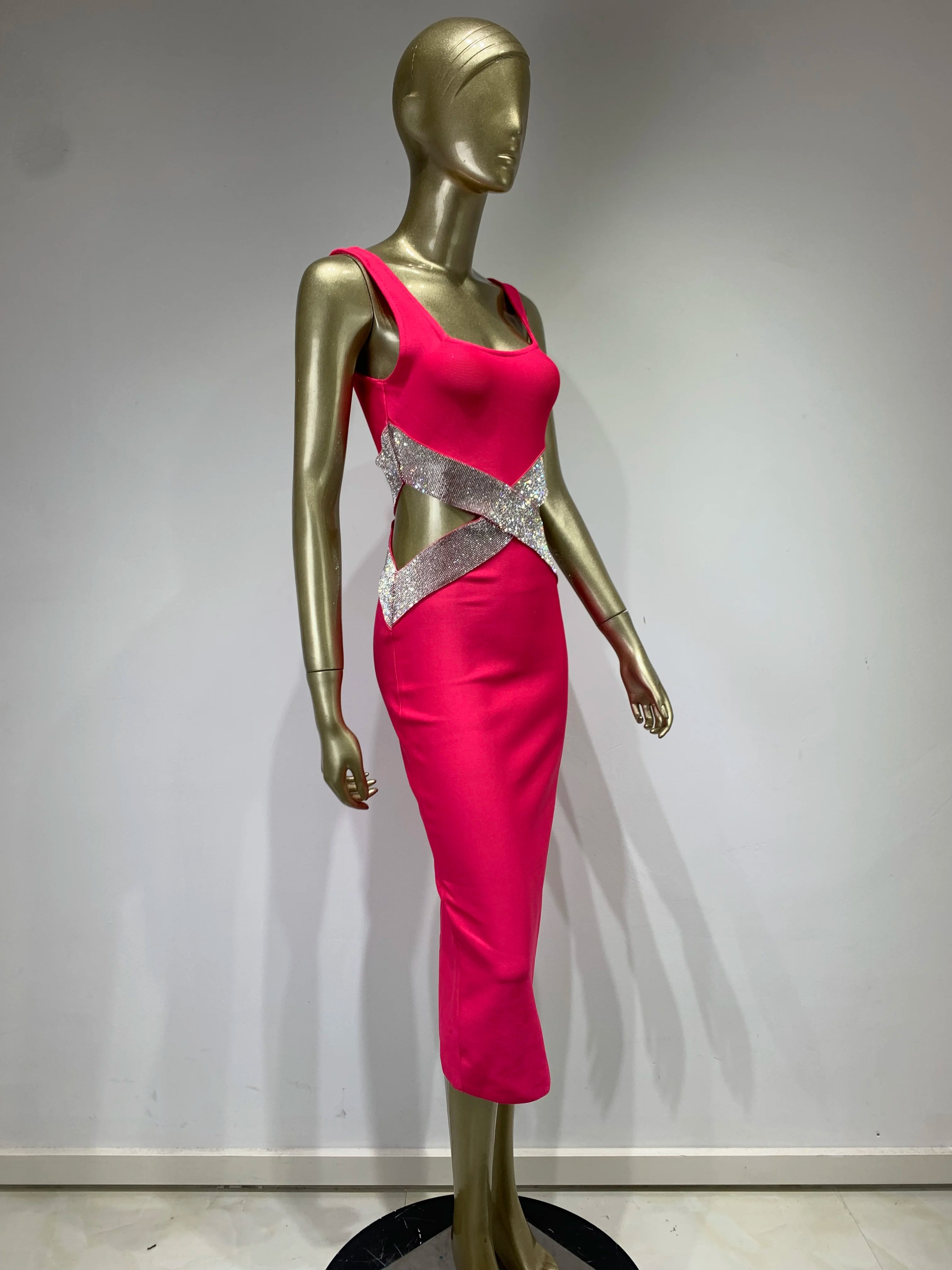 Sexy Backless V Neck Cutout Diamonds Black Hot Pink Midi Bandage party Dress