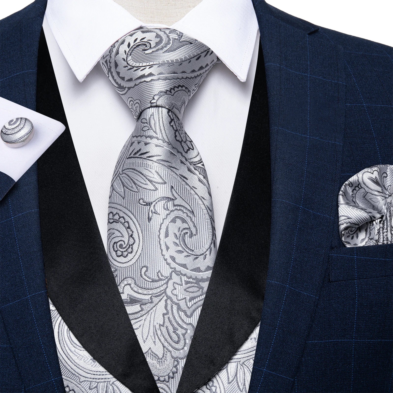 Men's Luxury Gray Paisley Suit Vest Set – Includes Necktie, Cufflinks & Handkerchief