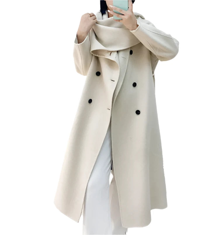 Double-Breasted Wool Coat - Women's Extended Shawl Scarf Collar