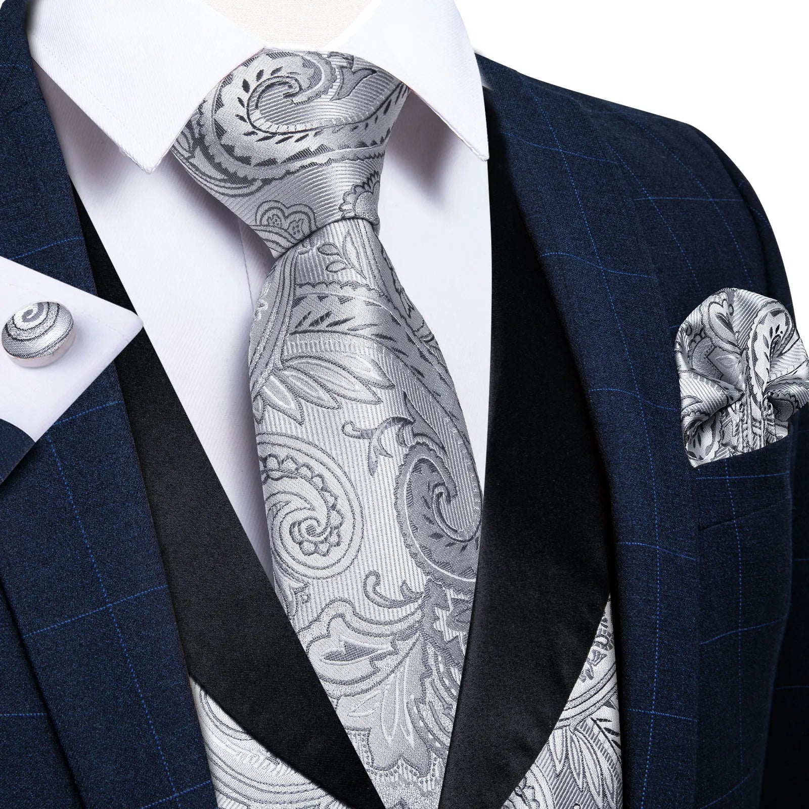 Men's Luxury Gray Paisley Suit Vest Set – Includes Necktie, Cufflinks & Handkerchief