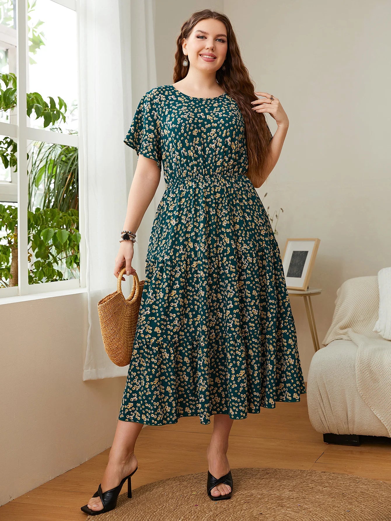 Trendy Big Size Women's Clothing Dress Summer O-Neck Floral Print