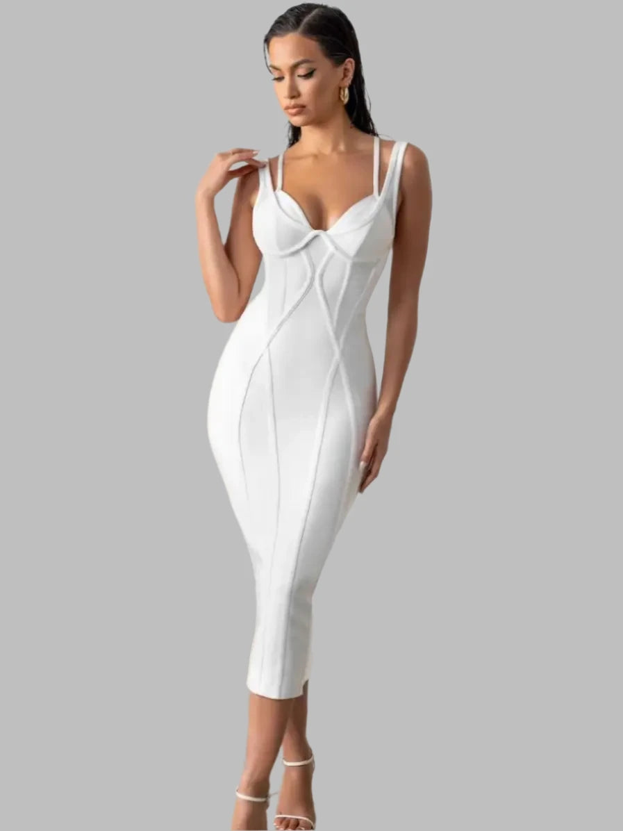 White Midi Bandage Dress - Double Straps Criss Cross Elegant Dress