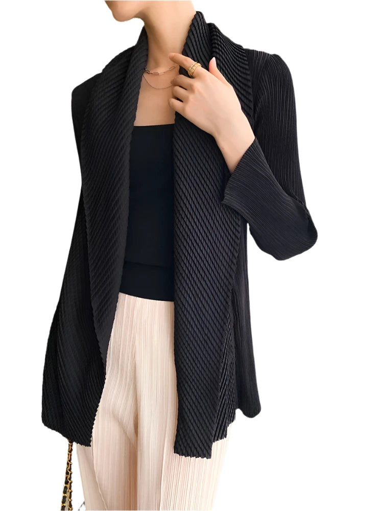 Pleated Open-Stitch Jacket - Women’s Fall Winter Korean Style