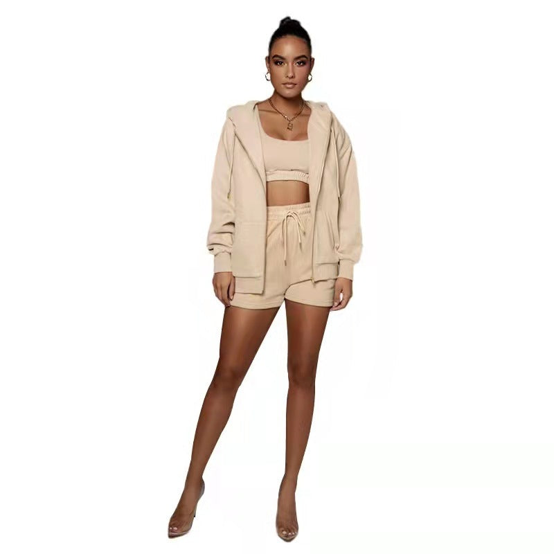 Casual Cardigan Hooded Shorts Women's Two-piece Suit