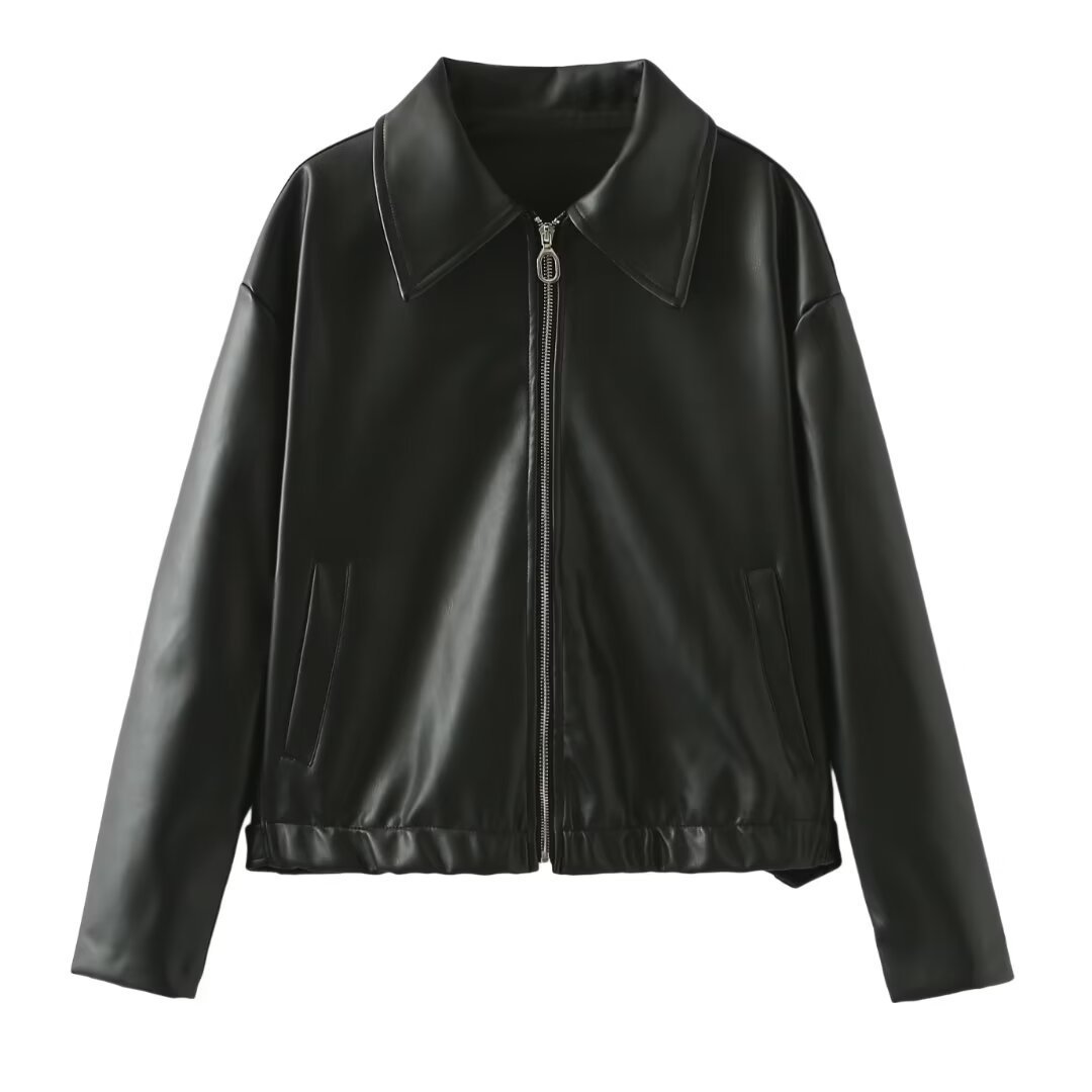 Long Sleeve Leather Lapel zipper jacket/Coat