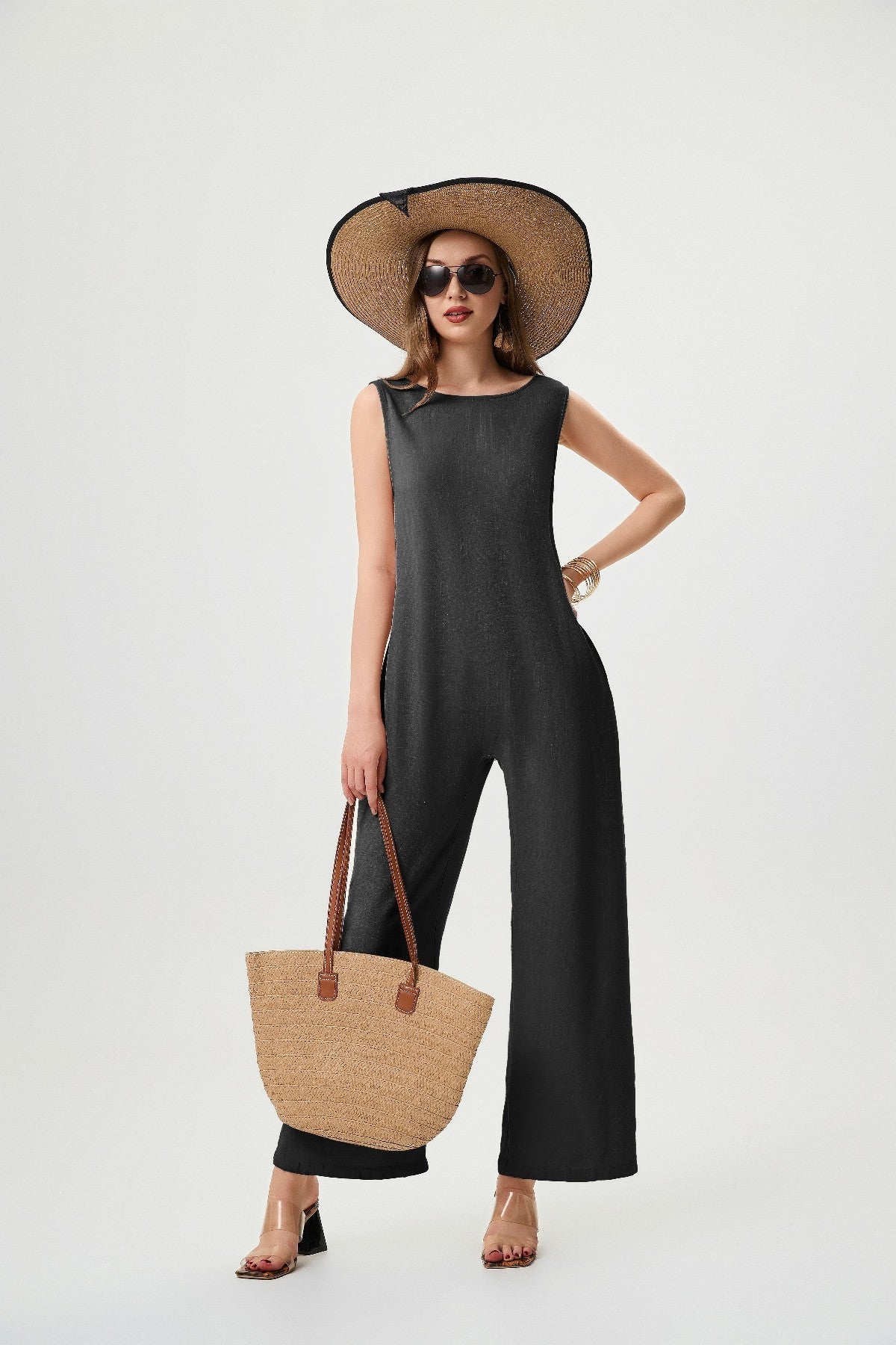 "Women's Linen Jumpsuit – Breathable H-Line with Elastic Back & Pockets"