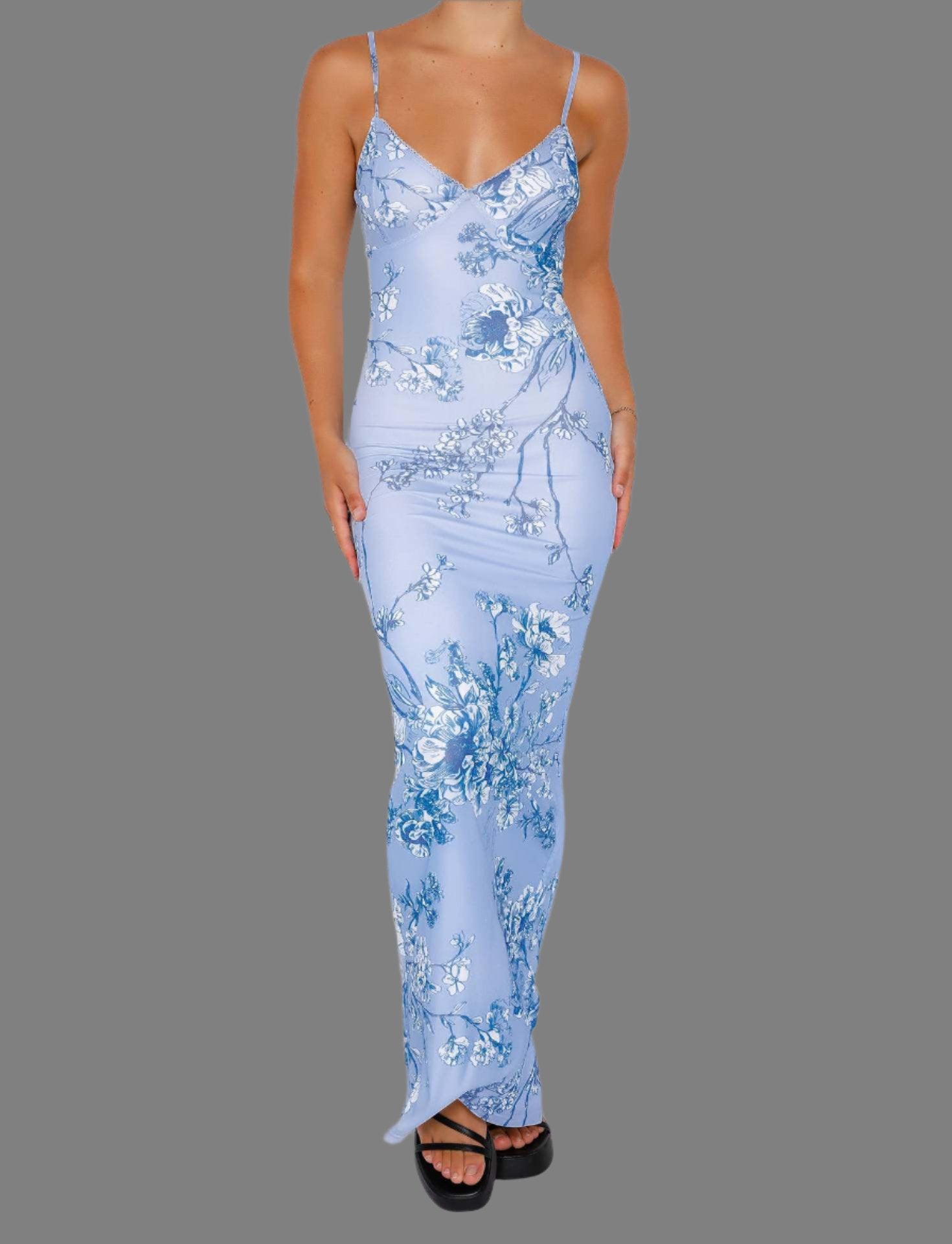 Slim Flowers Printing Slip long Dress