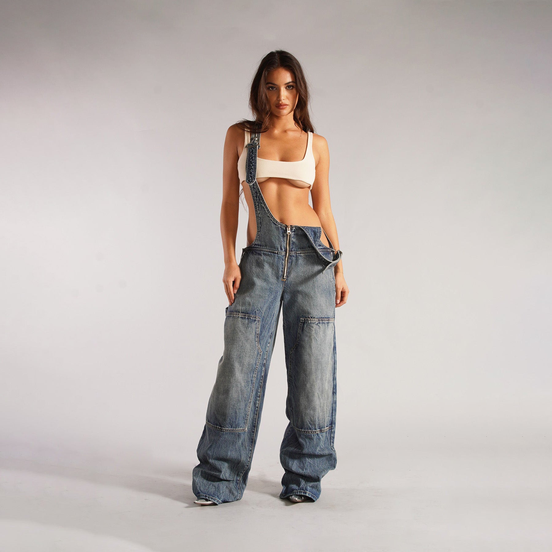 Women's Denim Zippered Streetwear Jumpsuit with Pockets