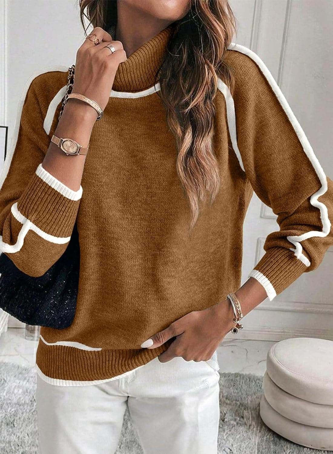 Solid Color High-Neck Knit Top Outwear