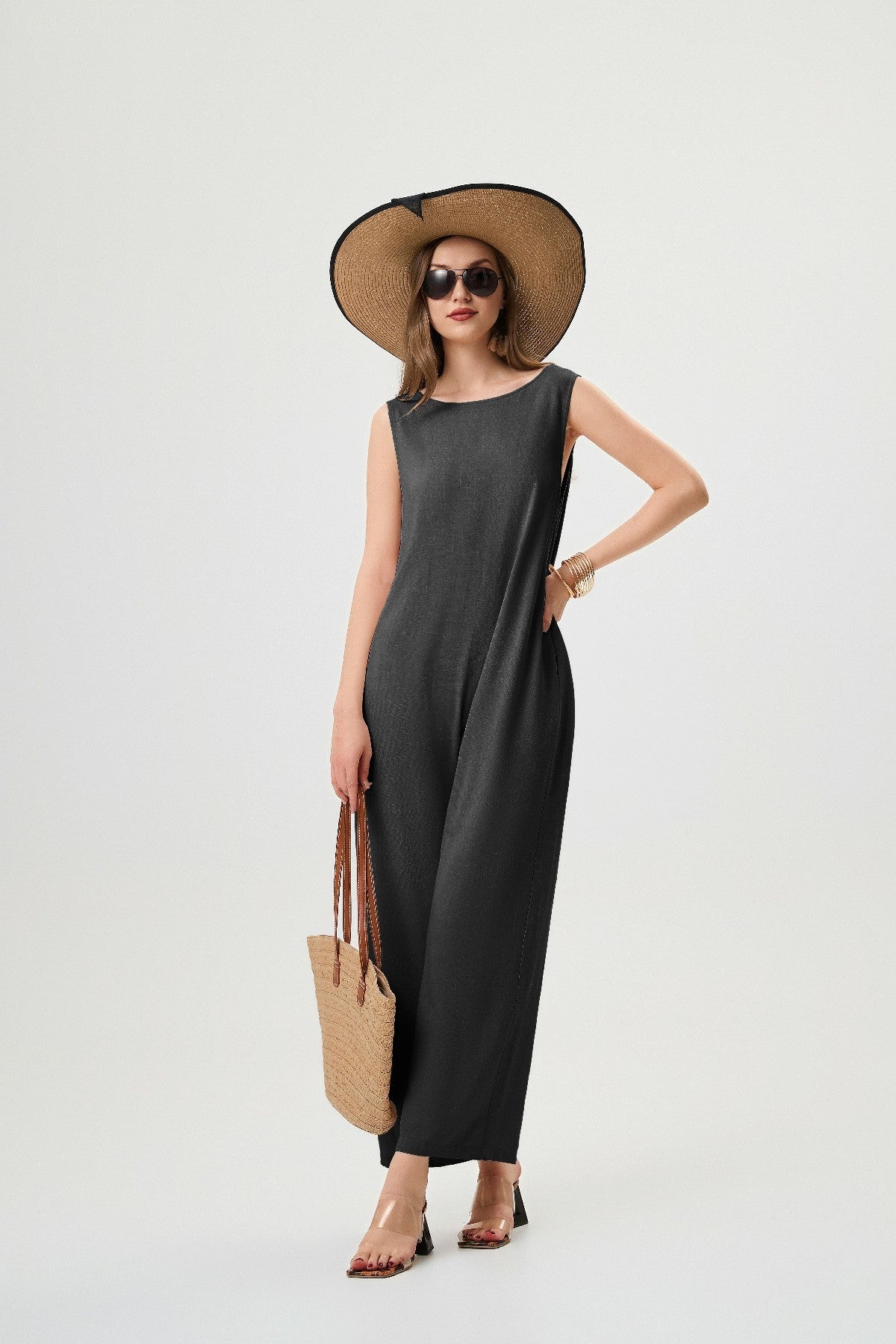 "Women's Linen Jumpsuit – Breathable H-Line with Elastic Back & Pockets"