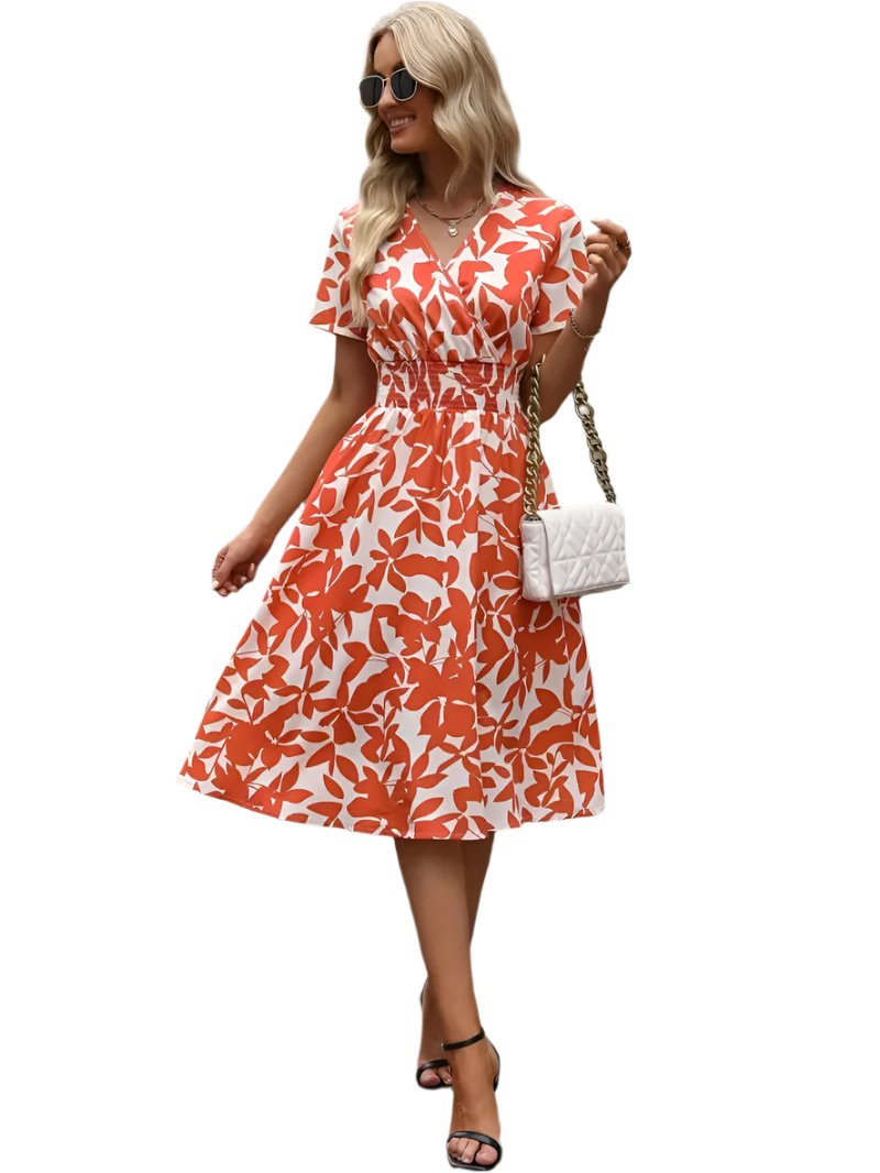 Women's V-neck Leaves Floral Print Swing Girdle Dress