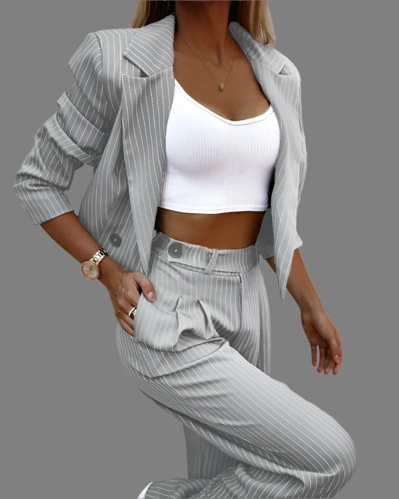 Striped Suit Set – Cropped Lapel Top & Straight-Leg Pants