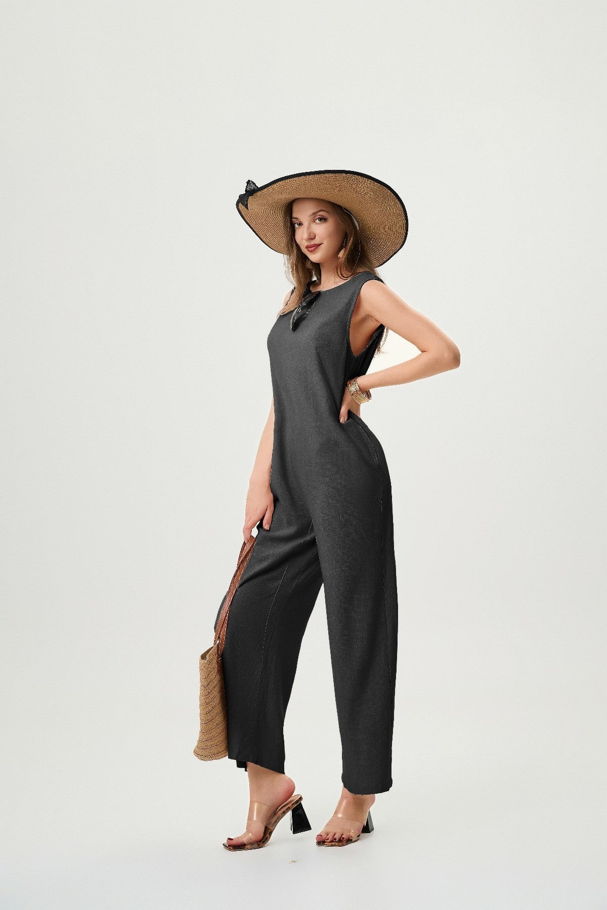 "Women's Linen Jumpsuit – Breathable H-Line with Elastic Back & Pockets"