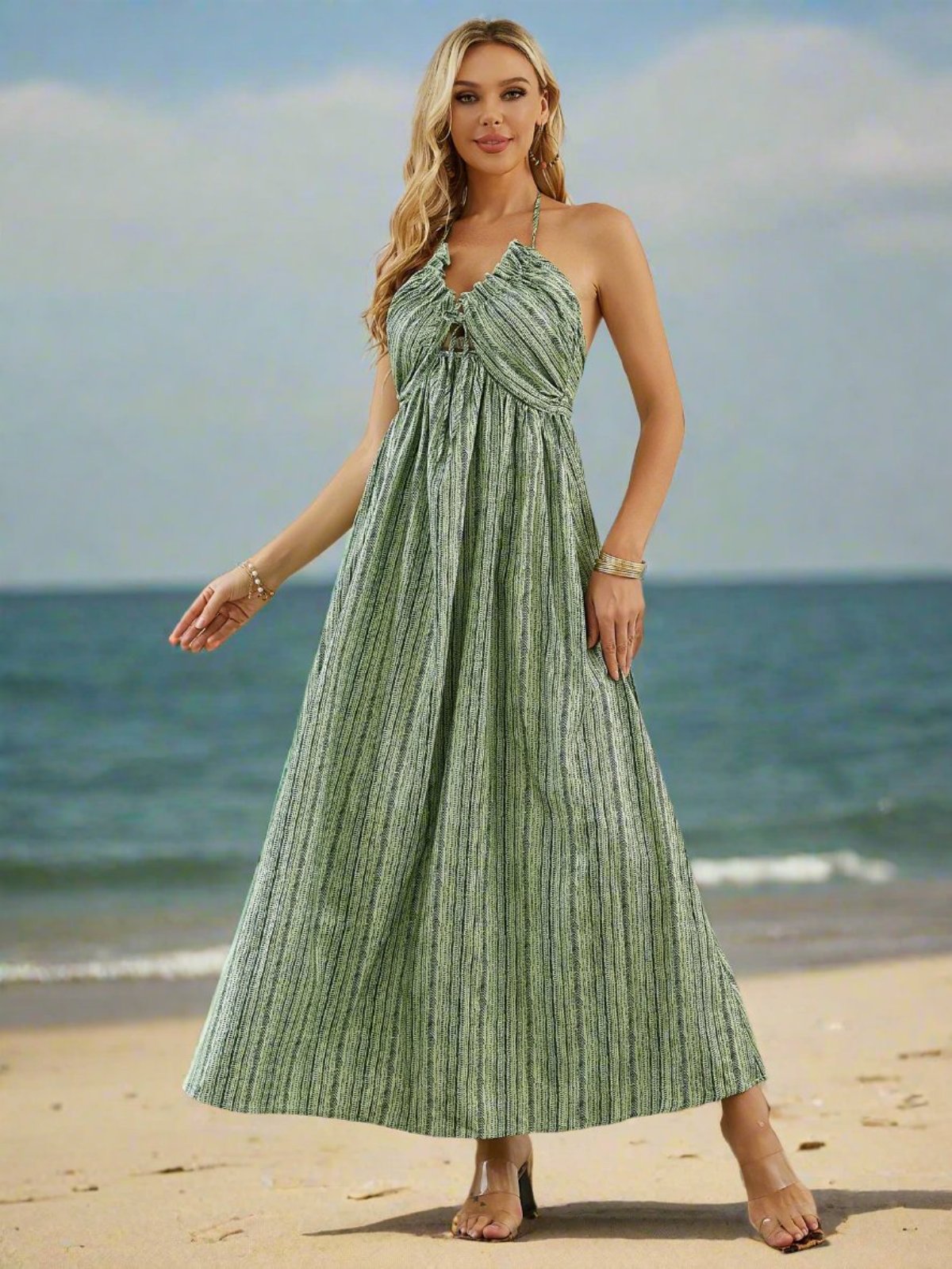 Boho Halter Maxi Dress – Flowy Sleeveless Summer Beachwear