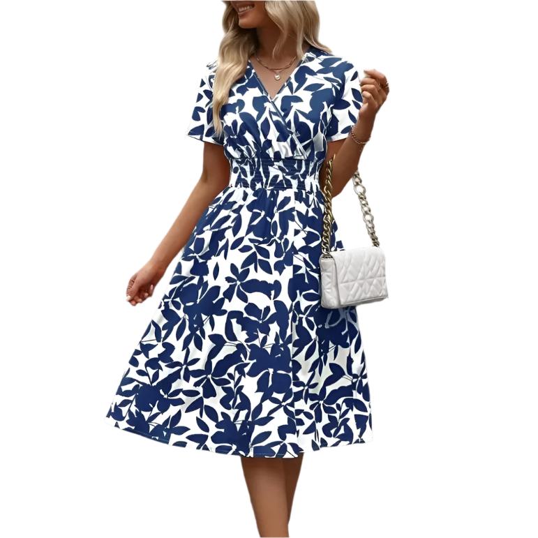 Women's V-neck Leaves Floral Print Swing Girdle Dress