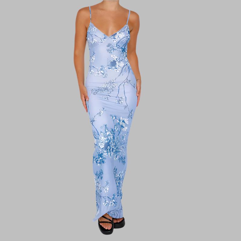 Slim Flowers Printing Slip long Dress