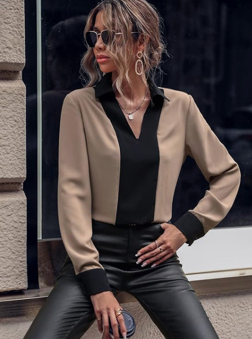 Women's V-neck Fashion Casual Top Long-sleeved Shirt