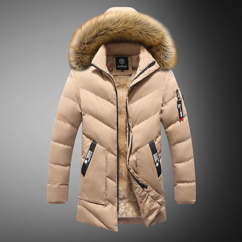 Men's Mid-Length Casual Hooded Plush Padded Jacket