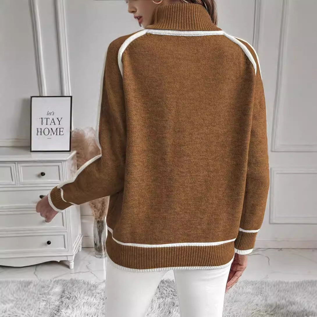 Solid Color High-Neck Knit Top Outwear